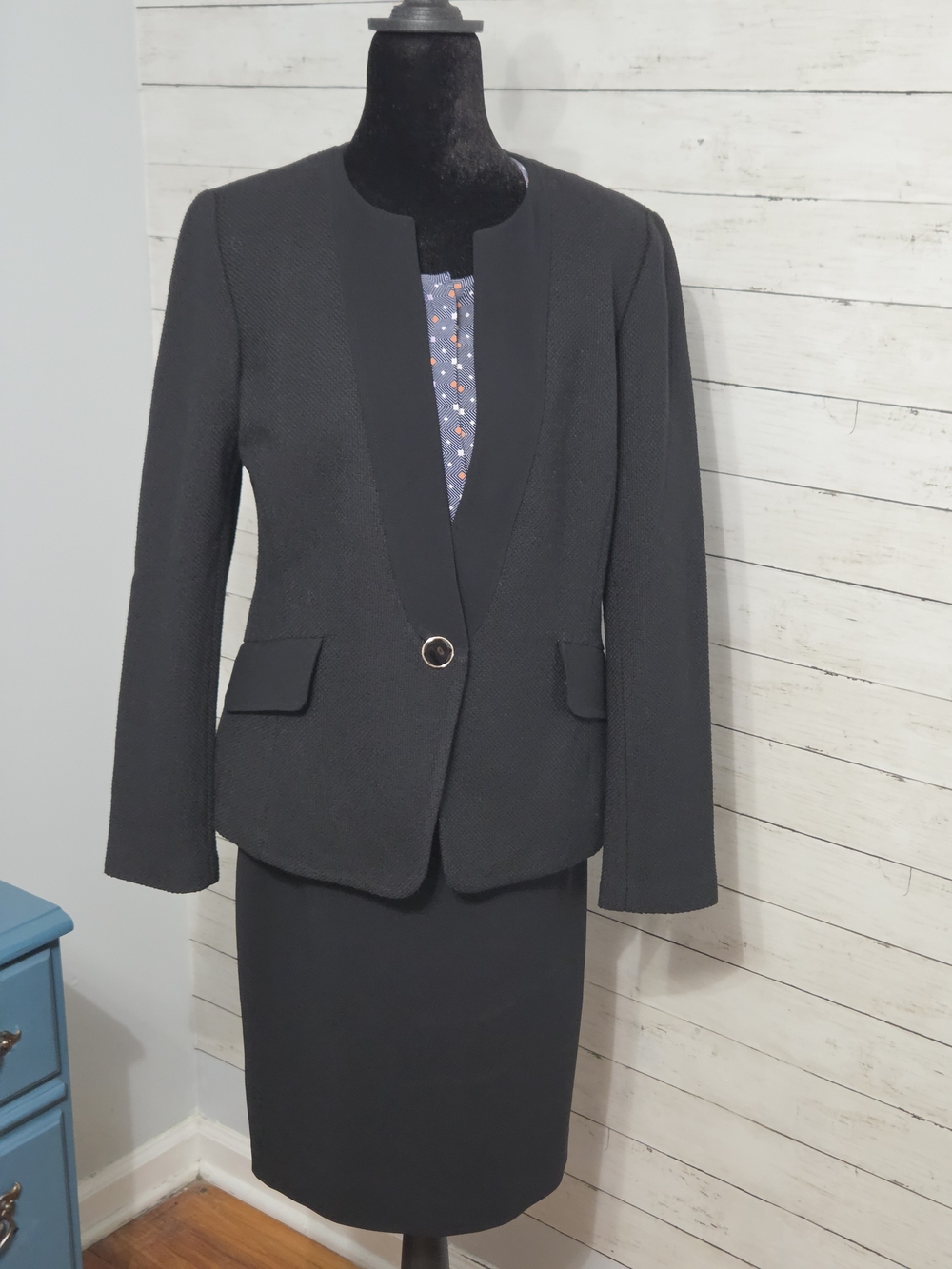 ST. JOHN CAVIAR Women's Textured Black One-Button Tailored Jacket Sz8 Skirt Sz6